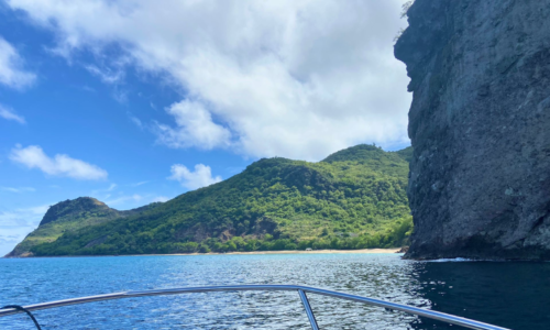 heading to Rendezvous Beach by boat from Little Bay