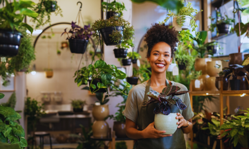 female small business owner in a plant store holding a potted plant